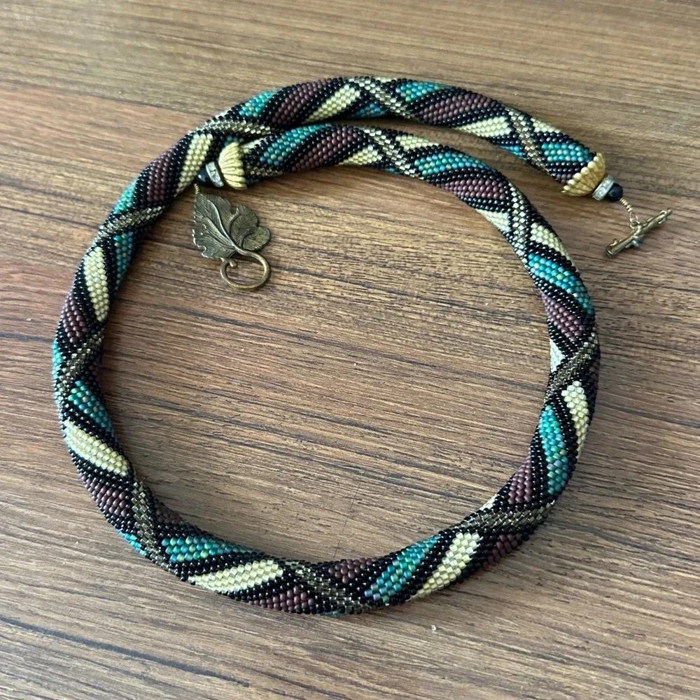 Vintage Seed Bead Crochet Rope Necklace Geometric Spiral Brass Leaf Toggle Clasp